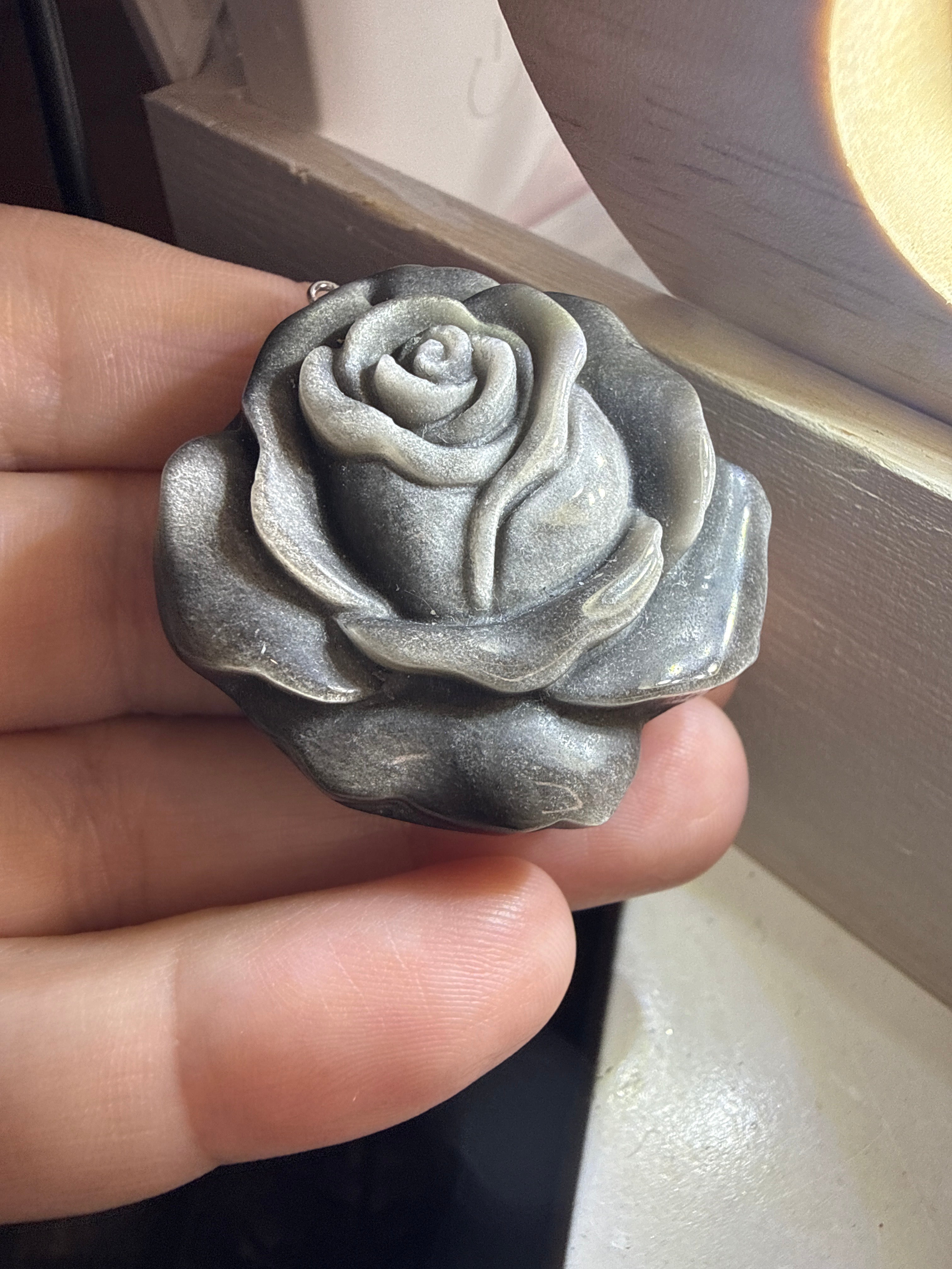 Carved Silver Sheen Obsidian Rose Pendant