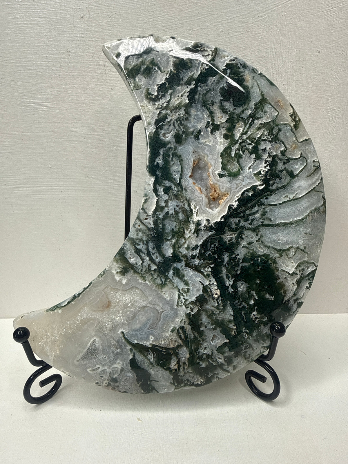 Moss Agate Moon Carving