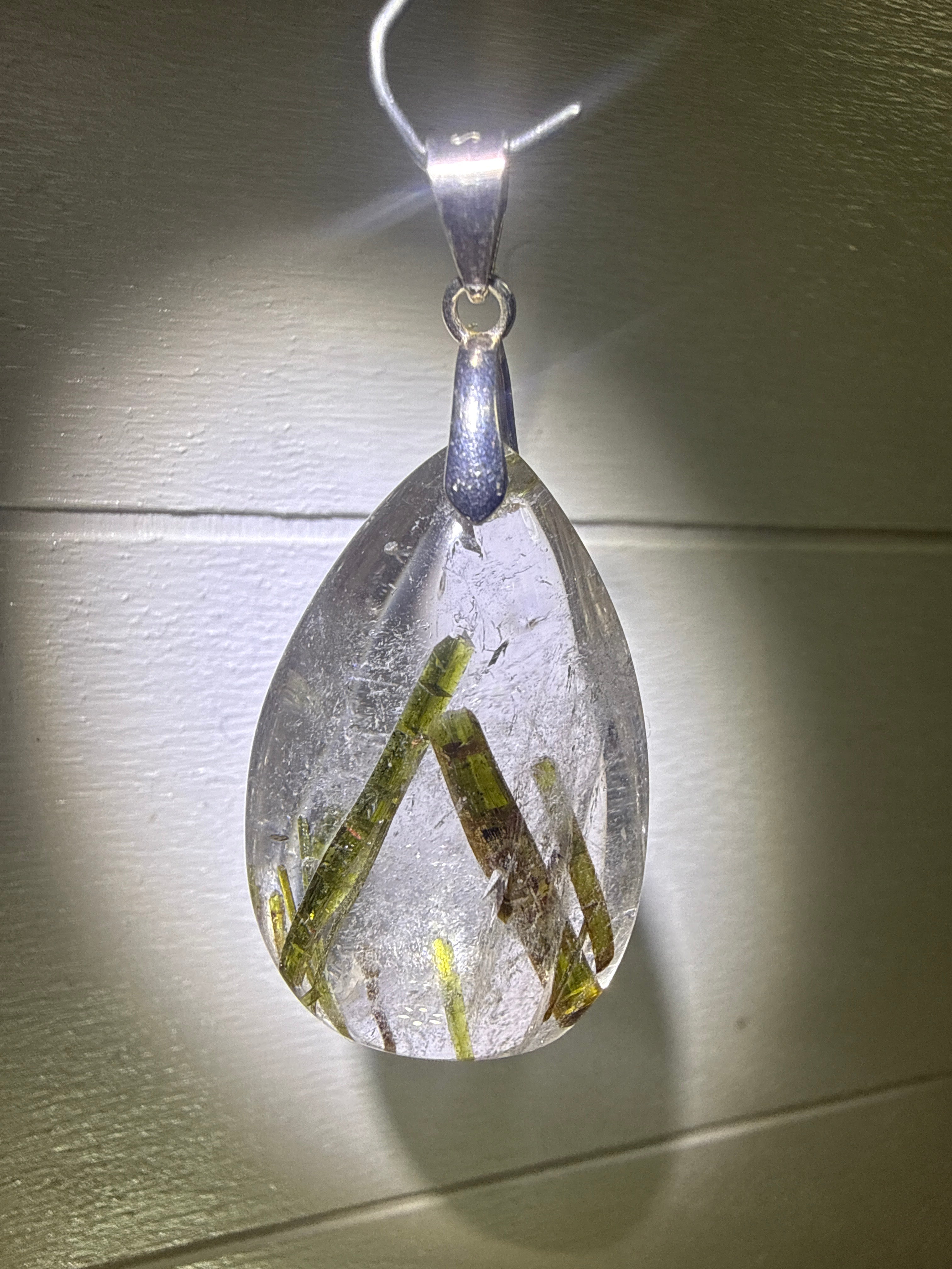 Green Tourmaline in Quartz Pendant