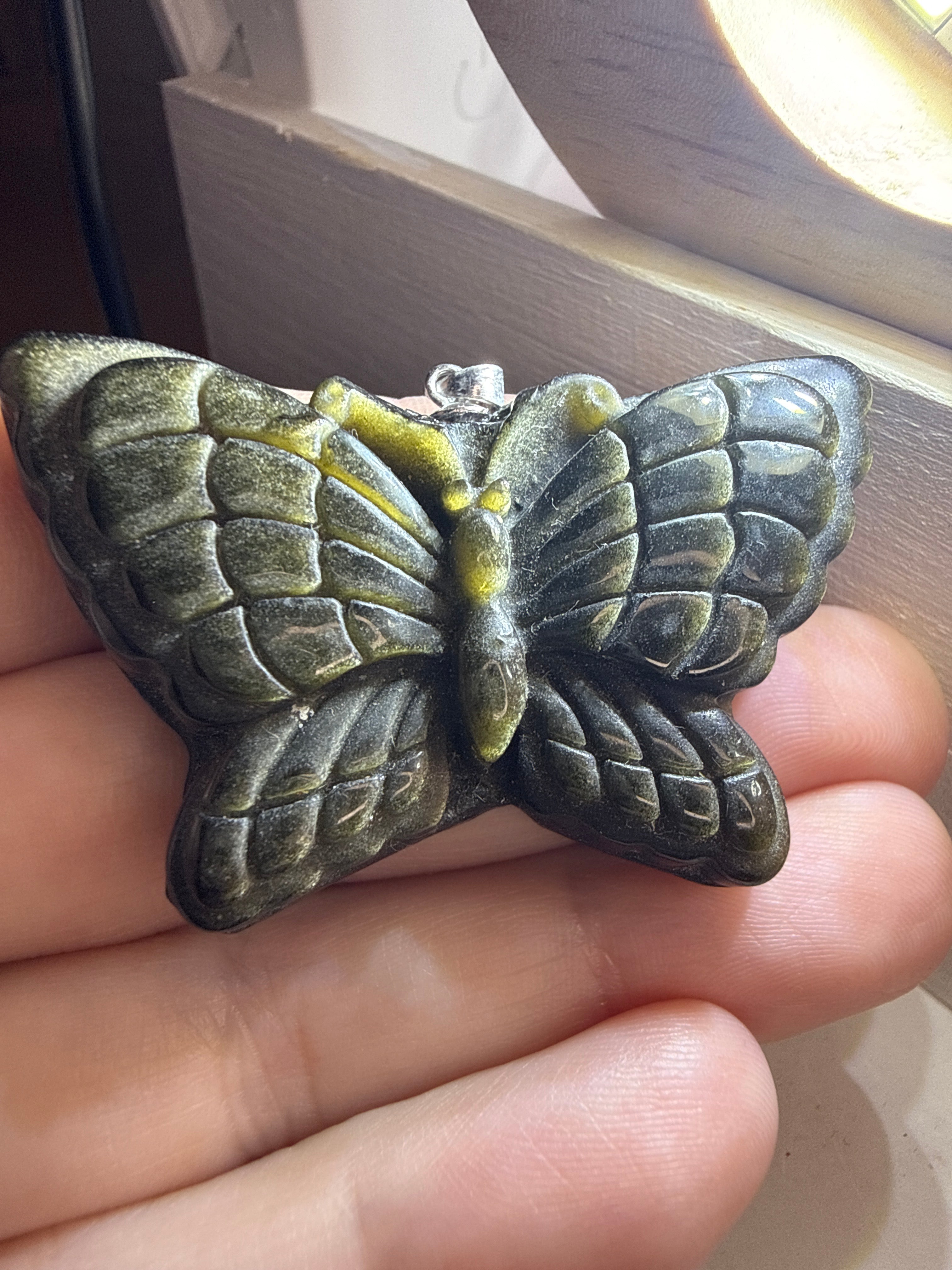 Carved Gold Sheen Obsidian Butterfly Pendant