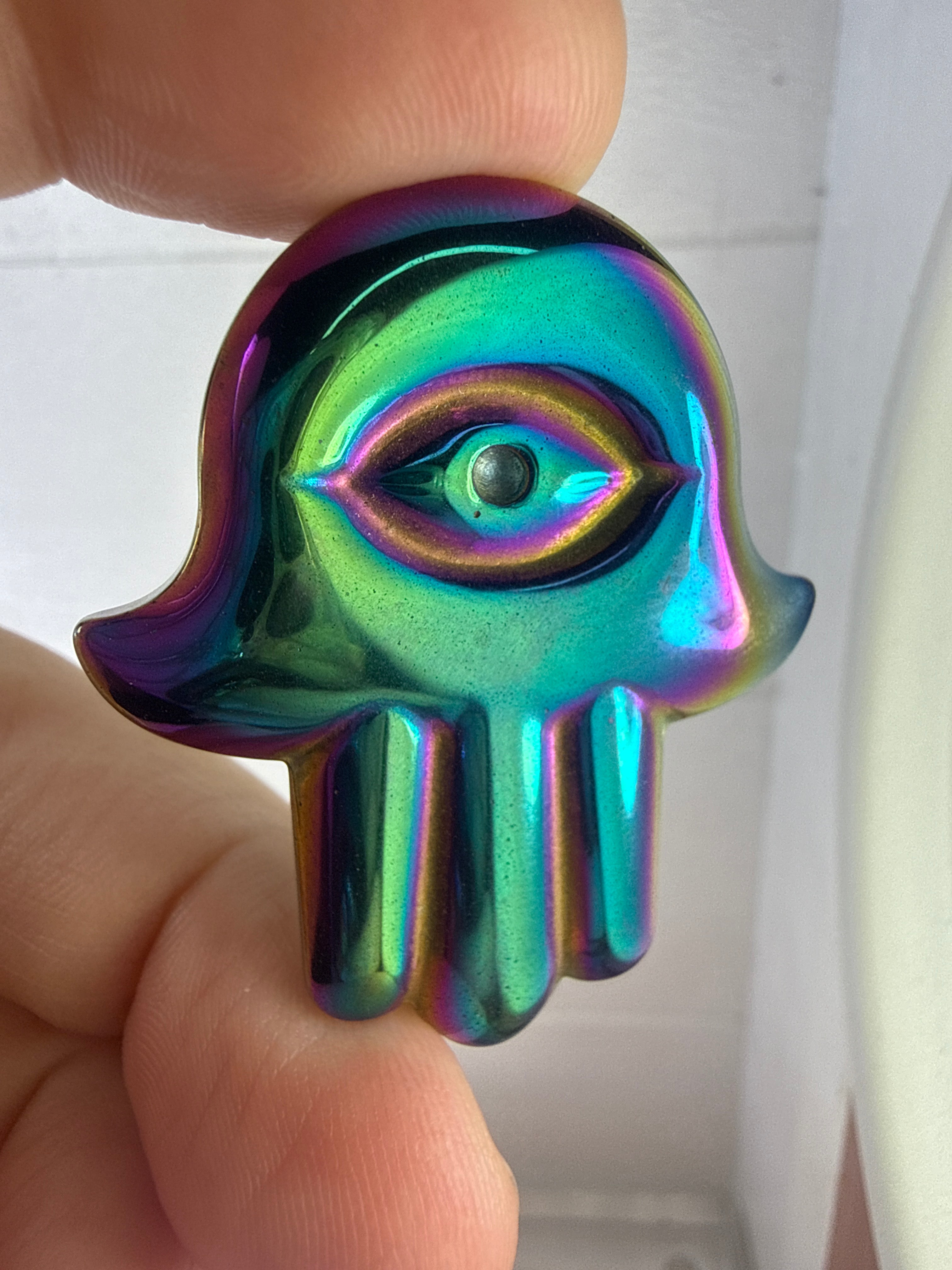 Aura Hematite Hamsa Hand Pendant
