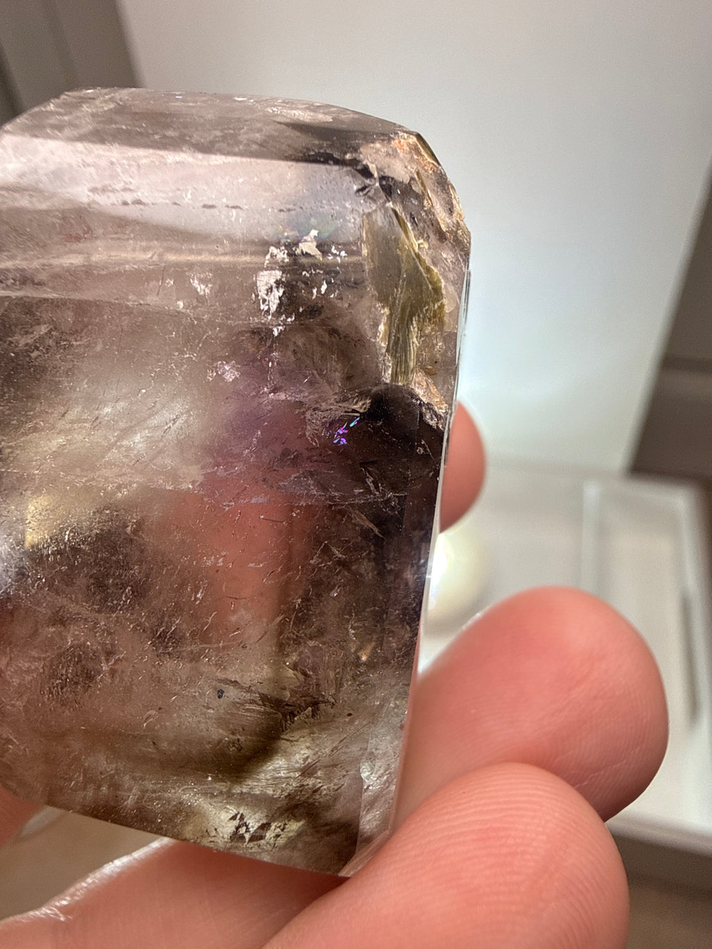 Clear Quartz Tower with Amethyst, Smokey Quartz and Epidote Inclusions