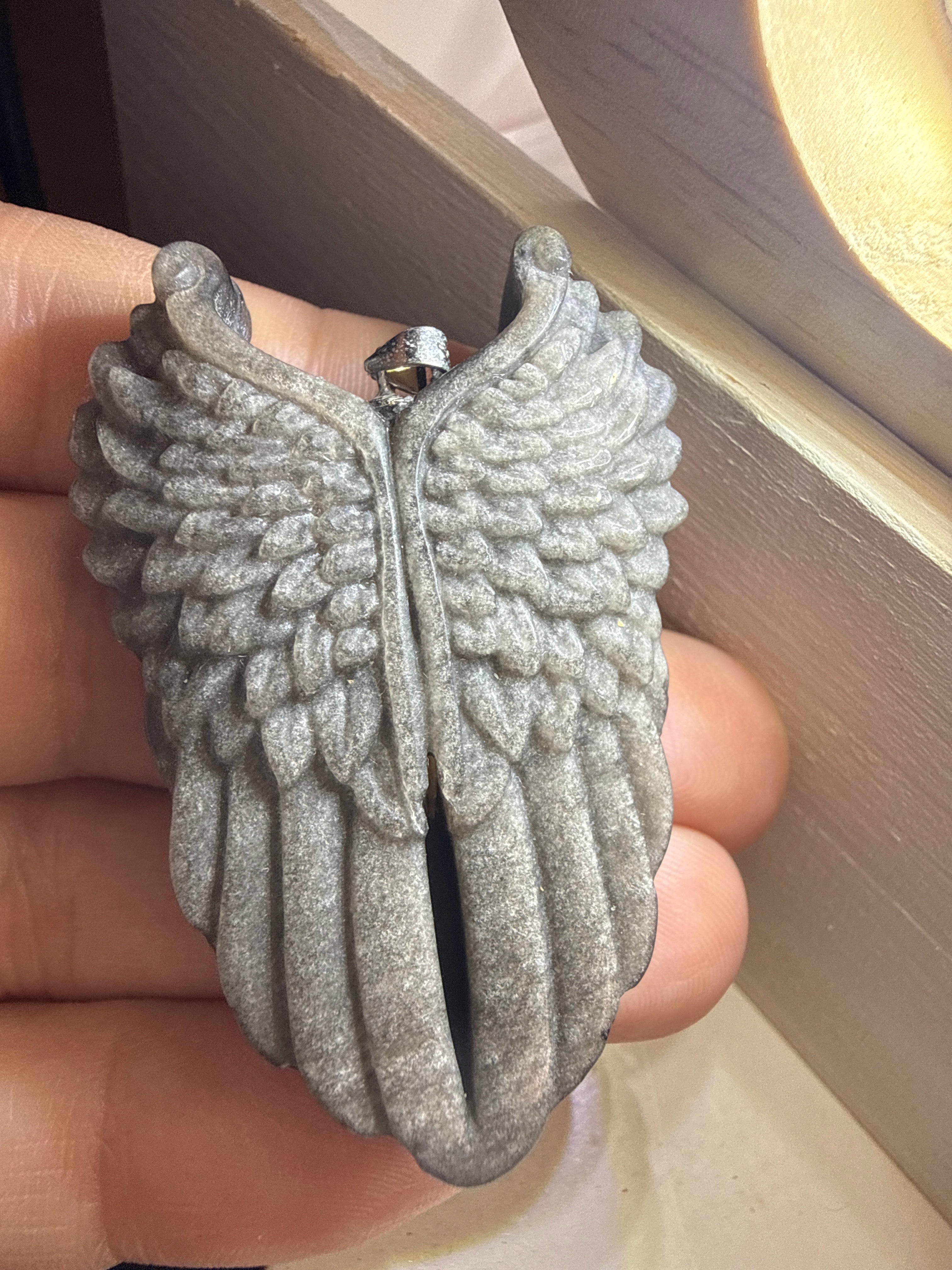 Carved Silver Sheen Obsidian Angel Wings Pendant