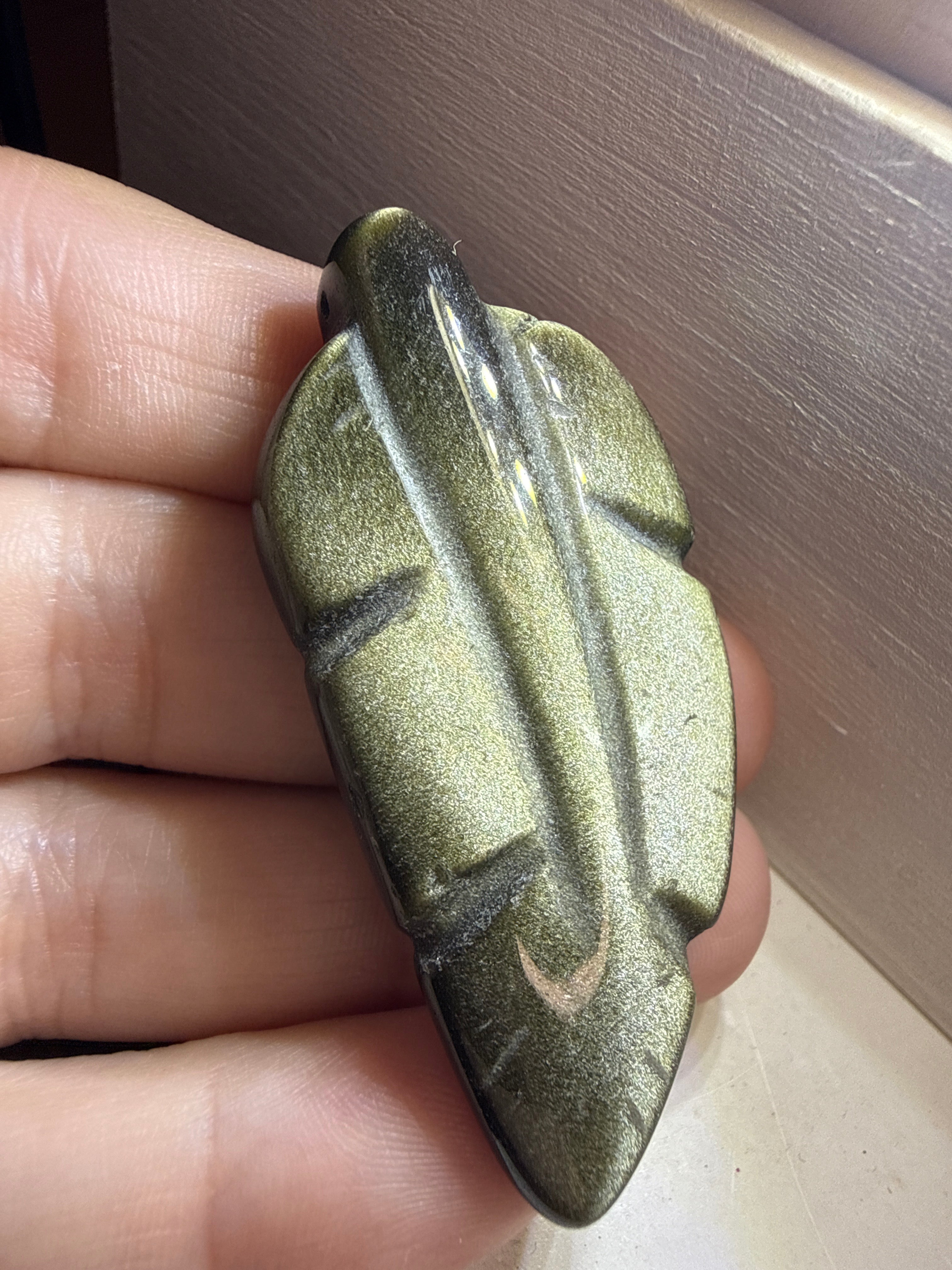 Carved Gold Sheen Obsidian Feather Pendant